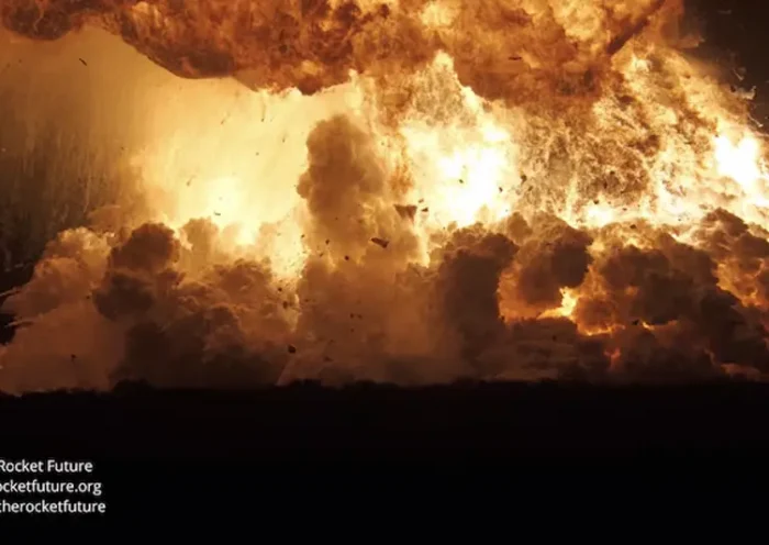 Flames rise as a SpaceX rocket explodes in Brownsville, Texas, U.S., June 18, 2025, in this screengrab obtained from a social media video. TheRocketFuture via X/via REUTERS