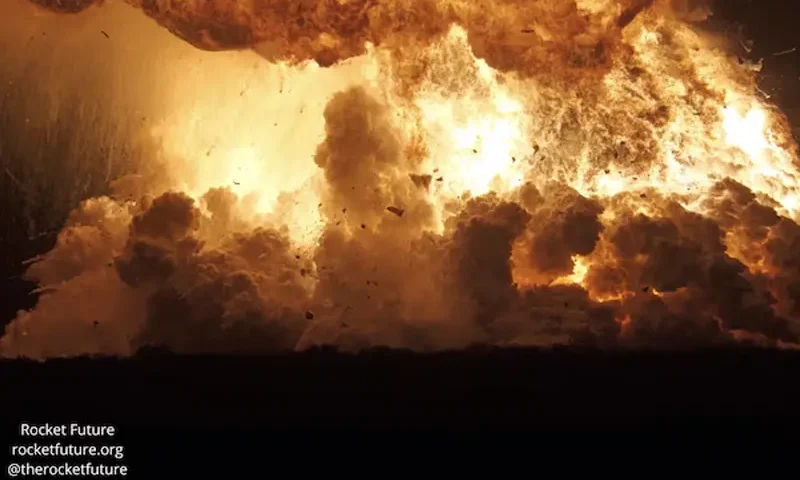 Flames rise as a SpaceX rocket explodes in Brownsville, Texas, U.S., June 18, 2025, in this screengrab obtained from a social media video. TheRocketFuture via X/via REUTERS