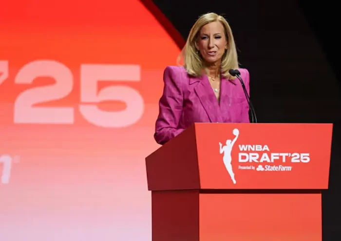 WNBA commissioner Cathy Engelbert during the 2025 WNBA Draft at The Shed at Hudson Yards. Mandatory Credit: Vincent Carchietta-Imagn Images/File Photo