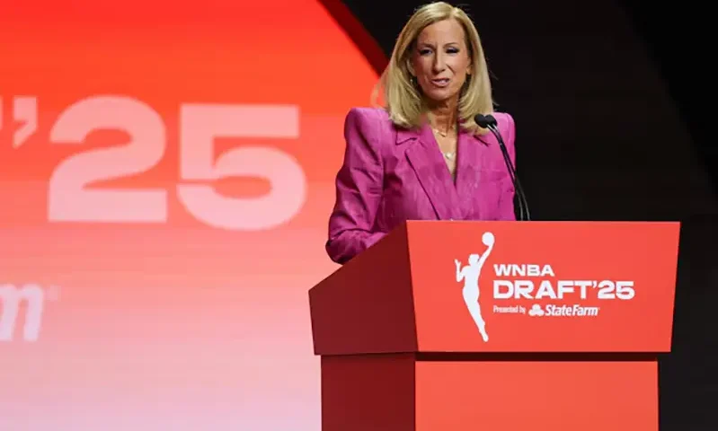 WNBA commissioner Cathy Engelbert during the 2025 WNBA Draft at The Shed at Hudson Yards. Mandatory Credit: Vincent Carchietta-Imagn Images/File Photo