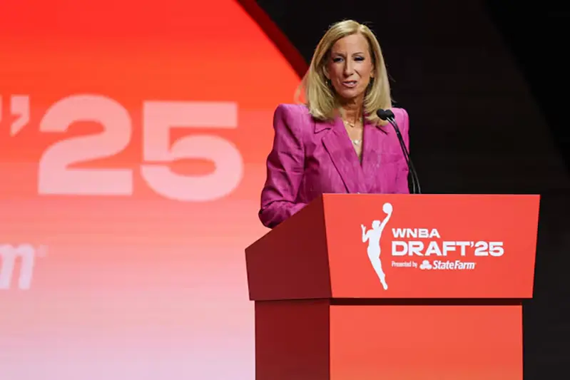 WNBA commissioner Cathy Engelbert during the 2025 WNBA Draft at The Shed at Hudson Yards. Mandatory Credit: Vincent Carchietta-Imagn Images/File Photo