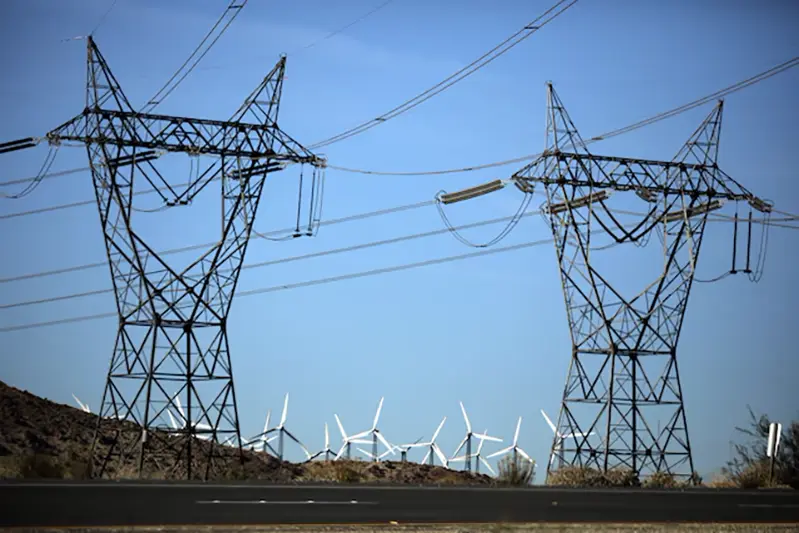 Windmills are seen behind electricity pylons in Palm Springs, California, U.S., November 25, 2017. REUTERS/Lucy Nicholson/File Photo