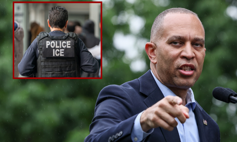 (L) NEW YORK, NEW YORK - JUNE 6: An ICE agent monitors hundreds of asylum seekers being processed upon entering the Jacob K. Javits Federal Building on June 6, 2023 in New York City. New York City has provided sanctuary to over 46,000 asylum seekers since 2013, when the city passed a law prohibiting city agencies from cooperating with federal immigration enforcement agencies unless there is a warrant for the person's arrest.(Photo by David Dee Delgado/Getty Images) / (Background) WASHINGTON, DC - MAY 21: U.S. House Minority Leader Rep. Hakeem Jeffries (D-NY) speaks during a rally opposing House Republicans Tax Proposal prior to the final House Vote on Capitol Hill on May 21, 2025 in Washington, DC. (Photo by Jemal Countess/Getty Images for Families Over Billionaires)
