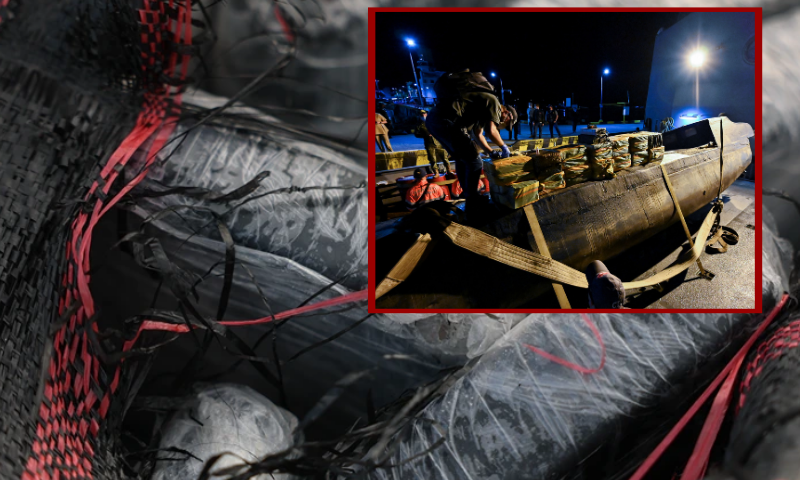 (Background) Bundles of drugs are seen as U.S. Coast Guard crew members offload cargo that was part of over $509 million in cocaine and marijuana seized during 13 interdictions in the Atlantic from Coast Guard Cutter James at Port Everglades (Joe Raedle/Getty Images) / (R) Members the from the Technical Investigation Board (CTI) inspect packages with cocaine on a narco submarine seized in Buenaventura, Colombia on March 20, 2021. - According to the authorities, it contained several packages of cocaine, was destined for the coasts of Mexico and belonged to an armed group of the dissident FARC guerrillas. (Photo by Luis ROBAYO / AFP) (Photo by LUIS ROBAYO/AFP via Getty Images)