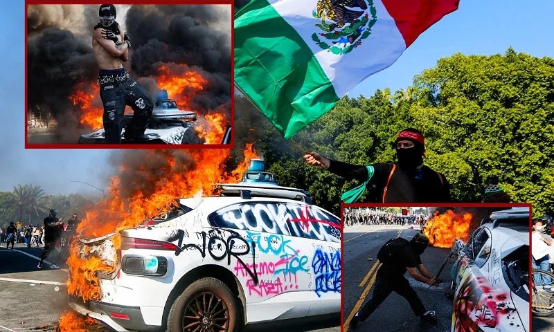 (L-Top) TOPSHOT - This picture taken on June 8, 2025 shows a protestor standing on top of a burning Waymo vehicle during a demonstration following federal immigration operations in Los Angeles. Demonstrators torched cars and scuffled with security forces in Los Angeles on June 8, as police kept protestors away from the National Guard troops President Donald Trump sent to the streets of the second biggest US city. (Photo by BLAKE FAGAN / AFP) (Photo by BLAKE FAGAN/AFP via Getty Images / (Background) A protester waves the Mexican flag in front of a burning Waymo vehicle during an anti-ICE protest in downtown Los Angeles, California, on June 8, 2025. The protest erupted after a wave of federal immigration raids began on June 7, with National Guard troops deployed to the city despite objections from local officials. Demonstrators called for an end to deportations and the dismantling of ICE. (Photo by Benjamin Hanson / Middle East Images via AFP) (Photo by BENJAMIN HANSON/Middle East Images/AFP via Getty Images) / (R-Bottom) This picture taken on June 8, 2025 shows a protestor shattering the window of a Waymo vehicle during a demonstration following federal immigration operations in Los Angeles. Demonstrators torched cars and scuffled with security forces in Los Angeles on June 8, as police kept protestors away from the National Guard troops President Donald Trump sent to the streets of the second biggest US city. (Photo by BLAKE FAGAN / AFP) (Photo by BLAKE FAGAN/AFP via Getty Images)