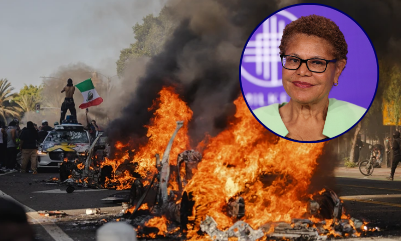 (Background) Several cars burn on North Los Angeles street during clashes between protesters and police on June 8, 2025 in Downtown Los Angeles, California. (Photo by Jim Vondruska/Getty Images) / (R) Los Angeles Mayor Karen Bass listens during the 28th annual Milken Institute Global Conference at the Beverly Hilton in Beverly Hills, California on May 7, 2025. (Photo by Patrick T. Fallon / AFP) (Photo by PATRICK T. FALLON/AFP via Getty Images)