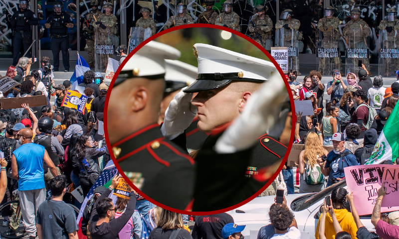 (Background) Demonstrators holding signs and flags face California National Guard members standing guard outside the Federal Building as they protest in response to federal immigration operations in Los Angeles, on June 9, 2025. US President Donald Trump on June 9 ordered active-duty Marines into Los Angeles, vowing those protesting immigration arrests would be "hit harder" than ever. Protests in Los Angeles, home to a large Latino population, broke out on June 6, triggered by immigration raids that resulted in dozens of arrests of what authorities say are illegal migrants and gang members. (Photo by Apu GOMES / AFP) (Photo by APU GOMES/AFP via Getty Images) / (Center) SAN FRANCISCO - NOVEMBER 10: Members of the U.S. Marine Corp honor guard salute during the singing of the National Anthem during the unveiling ceremony for the new "Distinguished Marines" commemorative stamps November 10, 2005 in San Francisco, California. The U.S. Postal Service issued a commemorative stamp series called "Distinguished Marines." on the 230th birthday of the U.S. Marine Corp. The four-stamp series features images of U.S. Marines Lewis B. Puller, Daniel J. Daly, John Basilone and John A. Lejeune. (Photo by Justin Sullivan/Getty Images)