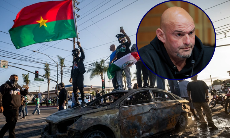 (Background) Demonstrators stand on top of a charred vehicle during a protest following federal immigration operations, in the Compton neighborhood of Los Angeles, California on June 7, 2025. (RINGO CHIU/AFP via Getty Images) / (R) WASHINGTON, DC - MAY 20: U.S Sen. John Fetterman (D-PA) speaks during a hearing with the Senate Committee on Homeland Security and Governmental Affairs on Capitol Hill on May 20, 2025 in Washington, DC. U.S. Homeland Security Secretary Kristi Noem attended the hearing to discuss U.S. President Donald Trump's proposed budget request for fiscal year 2026 for the Department of Homeland Security. (Photo by Anna Moneymaker/Getty Images)