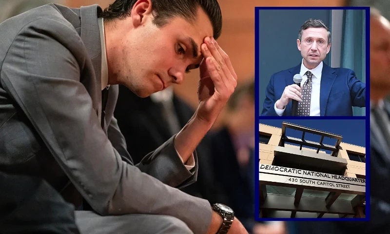 (Background) WASHINGTON, DC - DECEMBER 6: David Hogg, gun violence activist and survivor of the 2018 Stoneman Douglas High School shooting, reacts as other survivors speak during a national vigil on December 6, 2023 in Washington, DC. The vigil marked the 11th anniversary of the Sandy Hook Elementary School shooting in Newtown, Connecticut, which left 26 people dead. (Photo by Nathan Howard/Getty Images) / (R-Top) DETROIT, MICHIGAN - JANUARY 16: Ken Martin, DNC Chair Candidate, speaks at the "Win With Workers" Rally and Press Conference at the DNC Midwestern Candidate Forum on January 16, 2025 in Detroit, Michigan. (Photo by Aaron J. Thornton/Getty Images for One Fair Wage) / (R-Bottom) WASHINGTON, DC - NOVEMBER 16: Security fencing remains installed around the Democratic National Committee (DNC) headquarters on November 16, 2023 in Washington, DC. Security fencing remains in place following an outbreak of violence at an overnight protest at the DNC calling for a cease fire in the Israel-Hamas war. (Photo by Kevin Dietsch/Getty Images)