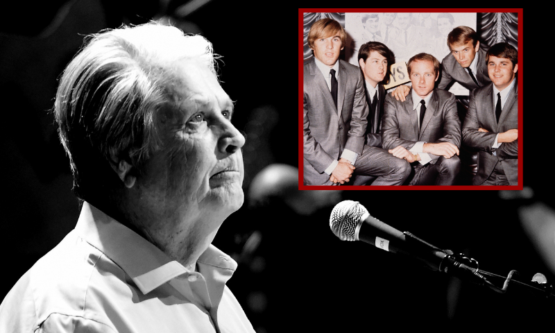 (Background) (EDITORS NOTE: Image has been digitally converted to black and white.) Musician Brain Wilson performs Pet Sounds at the Pantages Theatre on May 26, 2017 in Los Angeles, California. (Photo by Kevin Winter/Getty Images) / (R) American pop group The Beach Boys in 1964. (Photo by Hulton Archive/Getty Images)