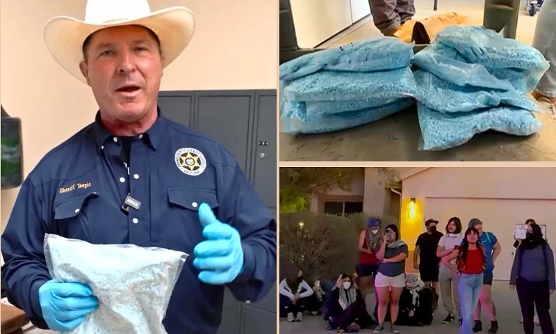 (L) Pinal County Sheriff Ross Teeple. (Photo via: Pinal County Sheriff's Office) / (R-Bottom) protesters across the street. (Photo via: Pinal County Sheriff's Office) / (R-Top) Confiscated fentanyl bags. (Photo via: Pinal County Sheriff's Office)