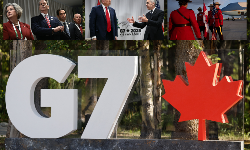 (L-Top) (L/R) White House Chief of Staff Susie Wiles, US Secretary of Treasury Scott Bessent, US Secretary of State Marco Rubio and US Ambassador to Canada Pete Hoekstra. (Photo by BRENDAN SMIALOWSKI/AFP via Getty Images) / (Middle-Top) US President Donald Trump looks on as Canadian Prime Minister Mark Carney (R) speaks. (Photo by BRENDAN SMIALOWSKI/AFP via Getty Images) / (R-Top) Members of the Royal Canadian Mounted Police stand near Air Force One. (Photo by BRENDAN SMIALOWSKI/AFP via Getty Images) / (Background) Signage for the G7 is seen before the official arrival ceremony during the Group of Seven (G7) Summit at the Pomeroy Kananaskis Mountain Lodge in Kananaskis, Alberta, Canada on June 16, 2025. (Photo by Ludovic MARIN / POOL / AFP) (Photo by LUDOVIC MARIN/POOL/AFP via Getty Images)