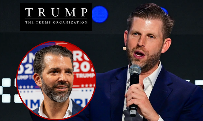 (Background) GIUSEPPE CACACE/AFP via Getty Images. / (L) CHARLESTON, SOUTH CAROLINA - FEBRUARY 23: Donald Trump Jr. speaks to media at a rally for his father, Republican Presidential candidate, former U.S. President Donald Trump on February 23, 2024 in Charleston, South Carolina. South Carolina holds its Republican primary on February 24. (Photo by Tasos Katopodis/Getty Images) / (L-Top) The official Trump Organization logo.
