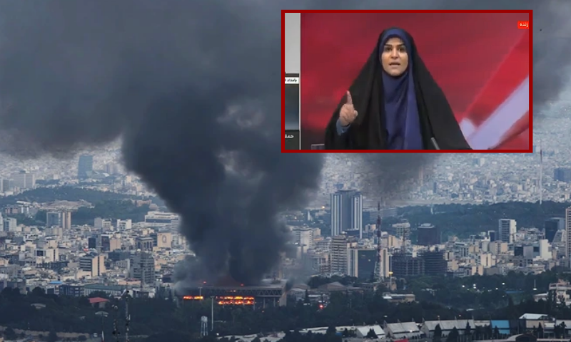 (Background) Smoke rises after a reported Israeli strike on a building used by Islamic Republic of Iran News Network, part of Iran's state TV broadcaster, on June 16, 2025 in Tehran, Iran. (Stringer/Getty Images) / (R-Top) Screenshot image taken from Islamic Republic of Iran News Network broadcast.