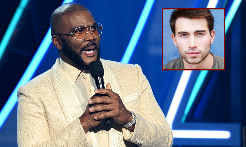(Background) LOS ANGELES, CALIFORNIA - JUNE 09: Tyler Perry speaks onstage during the 2025 BET Awards at Peacock Theater on June 09, 2025 in Los Angeles, California. (Photo by Paras Griffin/Getty Images for BET) / (R) actor Derek Dixon. (Photo via: Derek Dixon/Instagram)
