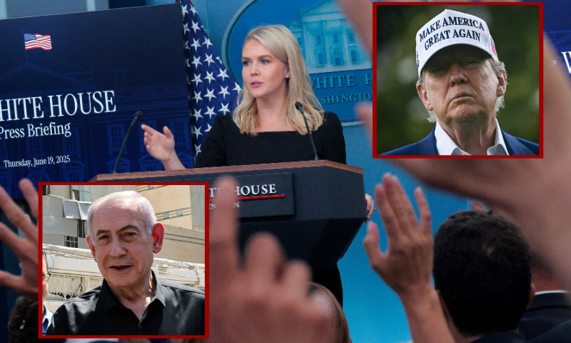 (Background) White House Press Secretary Karoline Leavitt calls on reporters during a news conference on June 19, 2025 in Washington, DC. (Photo by Chip Somodevilla/Getty Images) / (R-Top) President Donald Trump speaks to the press (Photo by BRENDAN SMIALOWSKI/AFP via Getty Images) / (L-Bottom) Israeli Prime Minister Benjamin Netanyahu visits the Soroka Hospital in the southern city of Beersheba, after it was hit by a missile fired from Iran on June 19, 2025. Israel's defence minister warned that Iran's supreme leader "can no longer be allowed to exist" after a hospital was hit in an Iranian missile strike on June 19, spiking tensions in the week-old war. (Photo by Marc Israel SELLEM / POOL / AFP) (Photo by MARC ISRAEL SELLEM/POOL/AFP via Getty Images)