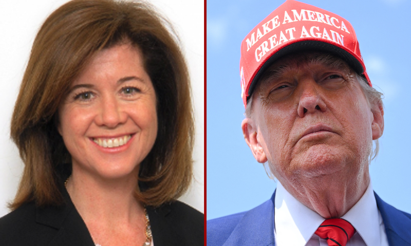 (L) Senate parliamentarian Elizabeth MacDonough. (Photo via: US Government Publishing Office) / (R) US President Donald Trump speaks to the press upon arrival at Morristown Municipal Airport in Morristown, New Jersey, on June 20, 2025. Trump is heading to his Bedminster golf resort for a MAGA Inc. fundraising dinner. (Photo by Mandel NGAN / AFP) (Photo by MANDEL NGAN/AFP via Getty Images)