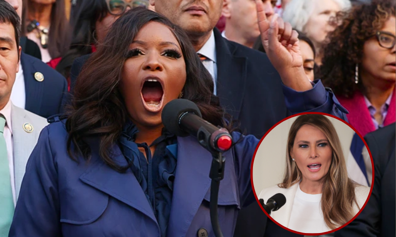 (Background) U.S. Rep. Jasmine Crockett (D-TX) speaks during the We Choose To Fight: Nobody Elected Elon rally at the U.S. Department Of The Treasury on February 04, 2025 in Washington, DC. (Jemal Countess/Getty Images for MoveOn) / (R) WASHINGTON, DC - MAY 08: U.S. first lady Melania Trump speaks during the unveiling of a U.S. Postal Service stamp honoring former first lady Barbara Bush in the East Room at the White House on May 08, 2025 in Washington, DC. The stamp honors Bush, whose husband was President George H.W. Bush, and son was President George W. Bush. Barbara Bush passed away in 2018 at the age of 92. (Photo by Kayla Bartkowski/Getty Images)