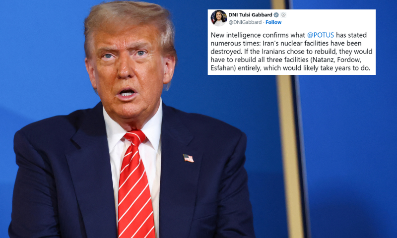 (Background) US' President Donald Trump meets with NATO Secretary General Mark Rutte (not pictured) during the NATO summit of heads of state and government in The Hague on June 25, 2025. (Photo by PIROSCHKA VAN DE WOUW/POOL/AFP via Getty Images) / (R) Screenshot of Tulsi Gabbard X post. (Photo via: X)