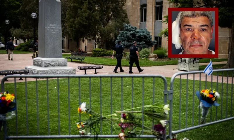 S: (Photo via: FBI) B: olice officers walk past a barricade adorned with flowers outside the Boulder County Courthouse on June 2, 2025 in Boulder, Colorado. A suspect is in custody after reportedly throwing incendiary devices at a group participating in an organized walk to show solidarity with hostages held by Hamas in Gaza. The suspect, an Egyptian citizen who had overstayed his visa, has been charged with a hate crime by the F.B.I. (Photo by Chet Strange/Getty Images)