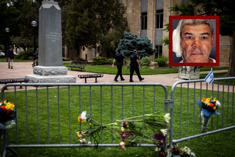 S: (Photo via: FBI) B: olice officers walk past a barricade adorned with flowers outside the Boulder County Courthouse on June 2, 2025 in Boulder, Colorado. A suspect is in custody after reportedly throwing incendiary devices at a group participating in an organized walk to show solidarity with hostages held by Hamas in Gaza. The suspect, an Egyptian citizen who had overstayed his visa, has been charged with a hate crime by the F.B.I. (Photo by Chet Strange/Getty Images)