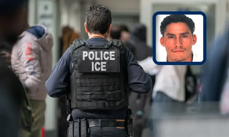An ICE agent monitors hundreds of asylum seekers being processed upon entering the Jacob K. Javits Federal Building on June 6, 2023 in New York City. New York City has provided sanctuary to over 46,000 asylum seekers since 2013, when the city passed a law prohibiting city agencies from cooperating with federal immigration enforcement agencies unless there is a warrant for the person's arrest.(Photo by David Dee Delgado/Getty Images)