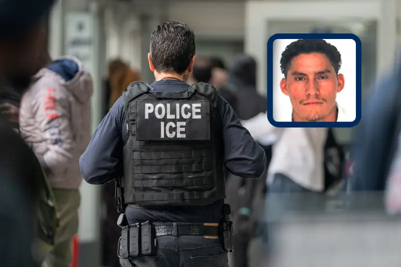 An ICE agent monitors hundreds of asylum seekers being processed upon entering the Jacob K. Javits Federal Building on June 6, 2023 in New York City. New York City has provided sanctuary to over 46,000 asylum seekers since 2013, when the city passed a law prohibiting city agencies from cooperating with federal immigration enforcement agencies unless there is a warrant for the person's arrest.(Photo by David Dee Delgado/Getty Images)