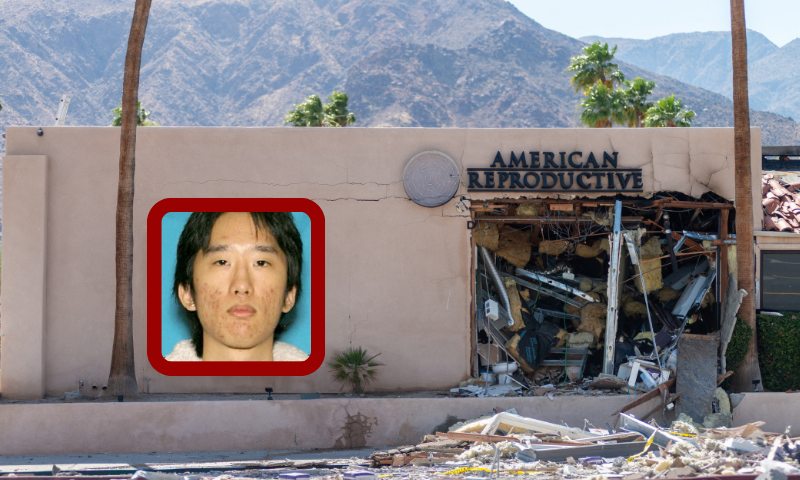 Debris is seen outside a damaged American Reproductive Centers fertility clinic after a bomb blast outside the building in Palm Springs, California, on May 17, 2025. A bomb blast outside a California fertility clinic killed one person Saturday, in what the US attorney general called an "unforgivable" attack. The blast ripped through downtown Palm Springs, badly damaging the clinic and blowing out the windows and doors of other nearby buildings. (Photo by Gabriel Osorio / AFP) (Photo by GABRIEL OSORIO/AFP via Getty Images)