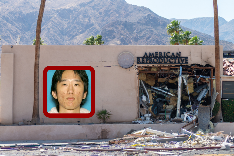 Debris is seen outside a damaged American Reproductive Centers fertility clinic after a bomb blast outside the building in Palm Springs, California, on May 17, 2025. A bomb blast outside a California fertility clinic killed one person Saturday, in what the US attorney general called an "unforgivable" attack. The blast ripped through downtown Palm Springs, badly damaging the clinic and blowing out the windows and doors of other nearby buildings. (Photo by Gabriel Osorio / AFP) (Photo by GABRIEL OSORIO/AFP via Getty Images)