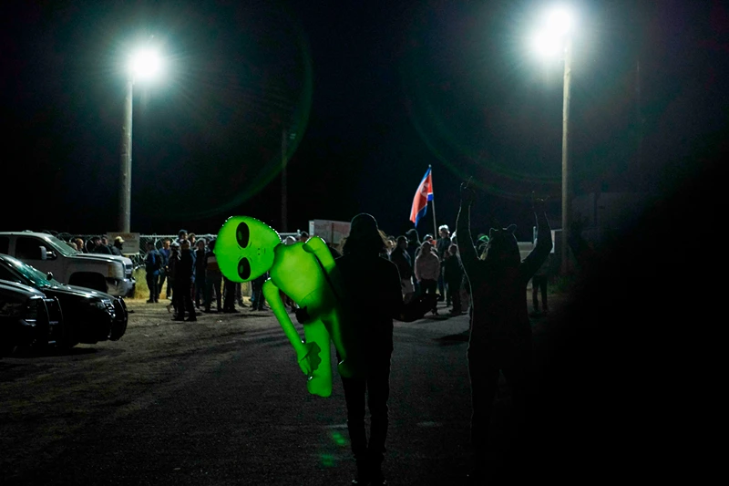 Attendees depart after gathering to "storm" Area 51 at an entrance to the military facility near Rachel, Nevada on September 20, 2019. (Photo by Bridget BENNETT / AFP) (Photo credit should read BRIDGET BENNETT/AFP via Getty Images)
