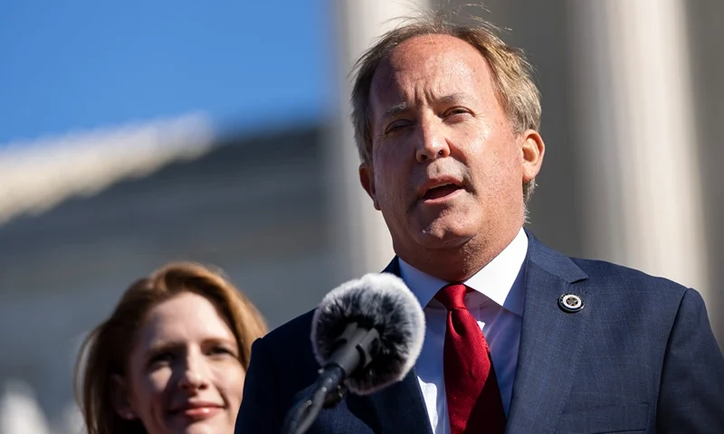 WASHINGTON, DC - NOVEMBER 01: Texas Attorney General Ken Paxton speaks outside the U.S. Supreme Court on November 01, 2021 in Washington, DC. On Monday, the Supreme Court heard arguments in a challenge to the controversial Texas abortion law which bans abortions after 6 weeks. (Photo by Drew Angerer/Getty Images)