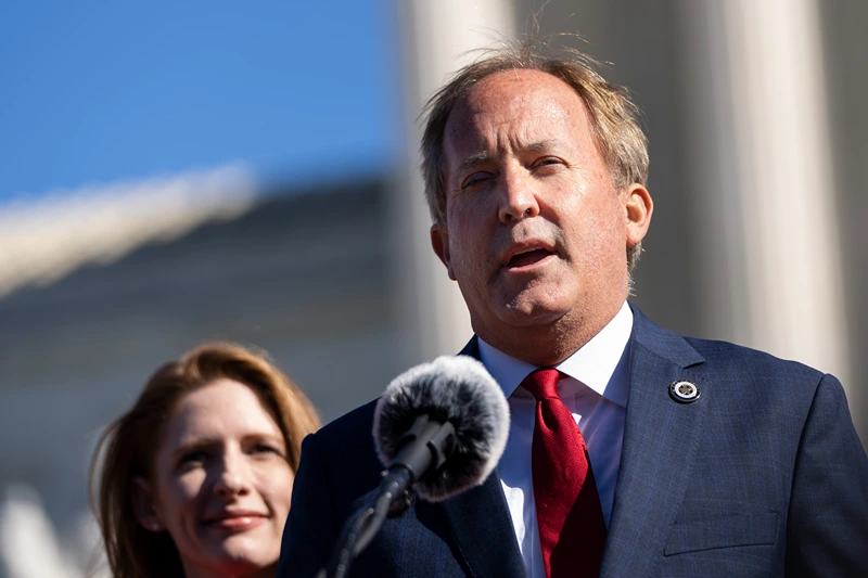 WASHINGTON, DC - NOVEMBER 01: Texas Attorney General Ken Paxton speaks outside the U.S. Supreme Court on November 01, 2021 in Washington, DC. On Monday, the Supreme Court heard arguments in a challenge to the controversial Texas abortion law which bans abortions after 6 weeks. (Photo by Drew Angerer/Getty Images)