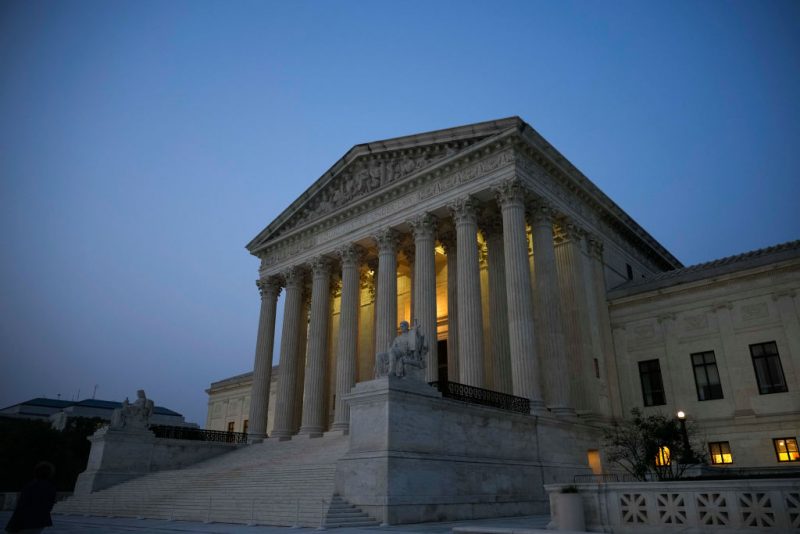 WASHINGTON, DC - JUNE 28: The U.S. Supreme Court is shown at dusk on June 28, 2023 in Washington, DC. The high court is expected to release more opinions tomorrow ahead of its summer recess, with cases involving affirmative action and student loan debt relief still to be decided. (Photo by Drew Angerer/Getty Images)