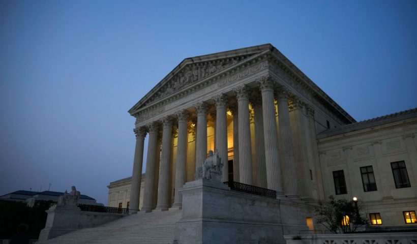 WASHINGTON, DC - JUNE 28: The U.S. Supreme Court is shown at dusk on June 28, 2023 in Washington, DC. The high court is expected to release more opinions tomorrow ahead of its summer recess, with cases involving affirmative action and student loan debt relief still to be decided. (Photo by Drew Angerer/Getty Images)
