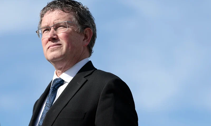 WASHINGTON, DC - MARCH 08: Rep. Thomas Massie (R-KY) listens at a press conference, alongside members of the Second Amendment Caucus, outside the U.S. Capitol Building on March 08, 2022 in Washington, DC. The caucus held the news conference to talk about their support for Rep. Michael Cloud’s (R-TX) gun rights legislation, the “No REGISTRY Rights Act” which if passed would make it illegal to track gun ownership. (Photo by Anna Moneymaker/Getty Images)\