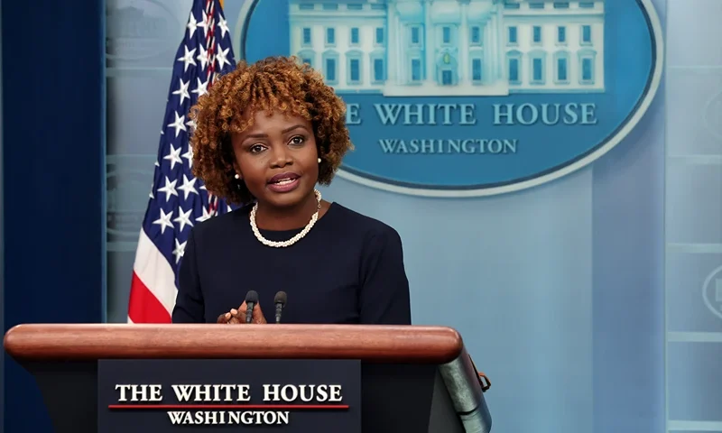 WASHINGTON, DC - JULY 17: White House Press Secretary Karine Jean-Pierre speaks at the daily news briefing at the White House on July 17, 2023 in Washington, DC. Jean-Pierre spoke on news that Russia has refused to extend a U.N-backed deal that permitted Ukraine to continue to export grain and other food during the ongoing war. (Photo by Kevin Dietsch/Getty Images)