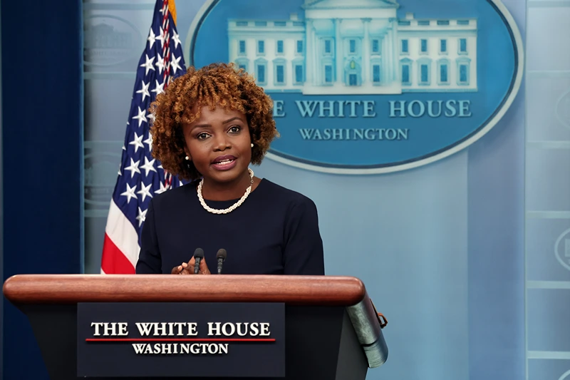 WASHINGTON, DC - JULY 17: White House Press Secretary Karine Jean-Pierre speaks at the daily news briefing at the White House on July 17, 2023 in Washington, DC. Jean-Pierre spoke on news that Russia has refused to extend a U.N-backed deal that permitted Ukraine to continue to export grain and other food during the ongoing war. (Photo by Kevin Dietsch/Getty Images)