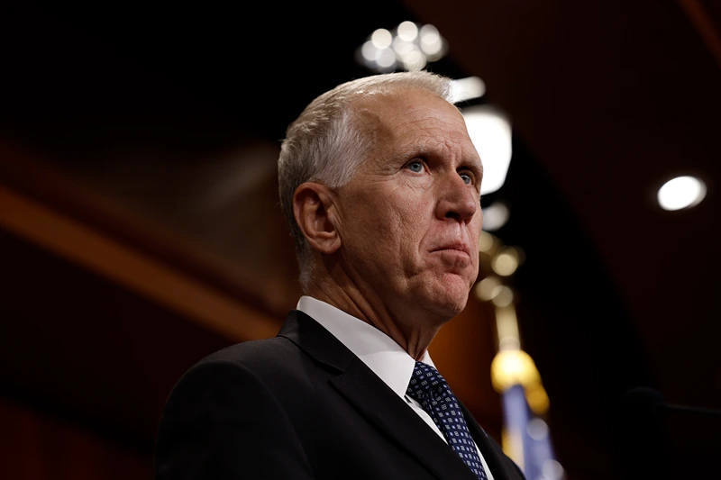 WASHINGTON, DC - JULY 19: Sen. Thom Tillis (R-NC) speaks at a news conference on the Supreme Court at the U.S. Capitol Building on July 19, 2023 in Washington, DC. Senators with the Senate Judiciary Committee held the press conference to discuss Senate Judiciary Chairman Richard Durbin's (D-IL) upcoming ethics bill. (Photo by Anna Moneymaker/Getty Images)