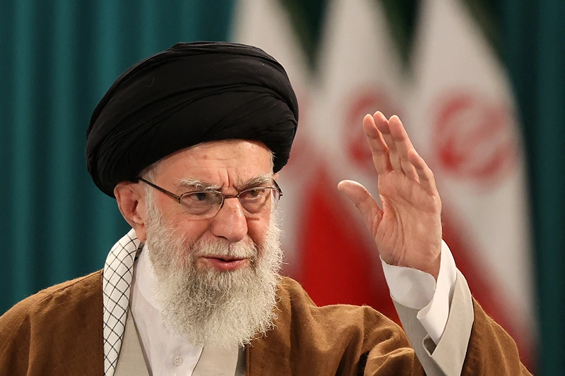 Iran's Supreme Leader Ayatollah Ali Khamenei waves to his supporters during a press conference after casting his ballot for the parliamentary runoff elections in Tehran on May 10, 2024. (Photo by ATTA KENARE / AFP) (Photo by ATTA KENARE/AFP via Getty Images)