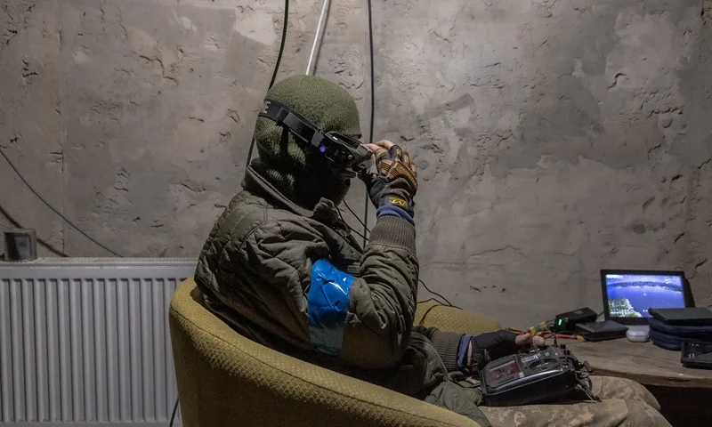 Ukrainian serviceman Said, a member of the Achilles Battalion of the 92nd Assault Brigade operates an FPV suicide drone flying towards Russian positions, in the Kharkiv region, on May 16, 2024, amid the Russian invasion of Ukraine. (Photo by Roman PILIPEY / AFP) (Photo by ROMAN PILIPEY/AFP via Getty Images)