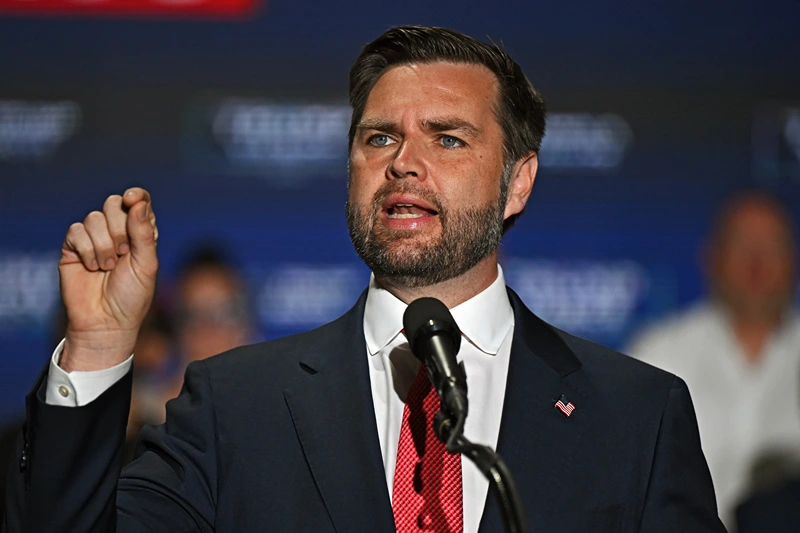 PHILADELPHIA, PENNSYLVANIA - AUGUST 6: Republican Vice Presidential Candidate Sen. JD Vance (R-OH) delivers remarks during a campaign rally at 2300 Arena on August 6, 2024 in Philadelphia, Pennsylvania. Vance is campaigning in several battleground states, closely matching Democratic presidential candidate Vice President Kamala Harris' campaign schedule for this week. (Photo by Drew Hallowell/Getty Images)