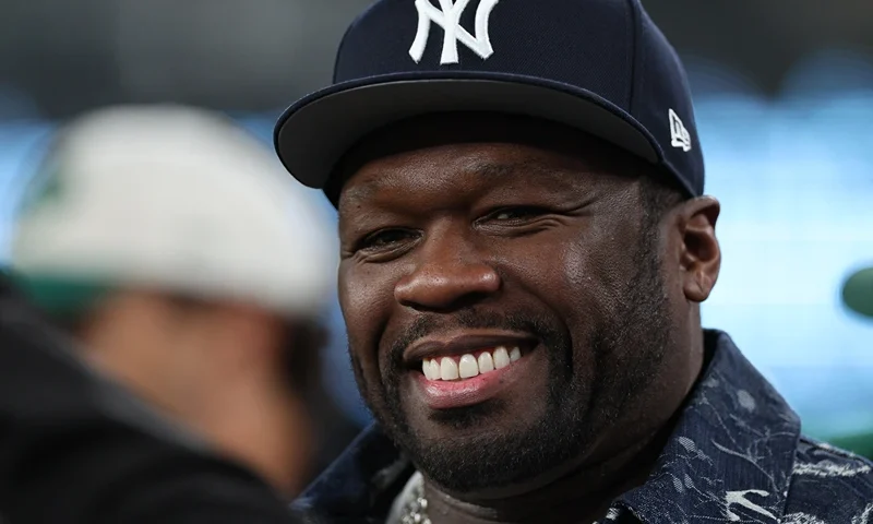 EAST RUTHERFORD, NEW JERSEY - OCTOBER 14: Rapper 50 Cent is seen on the sidelines prior to the game between the Buffalo Bills and the New York Jets at MetLife Stadium on October 14, 2024 in East Rutherford, New Jersey. (Photo by Elsa/Getty Images)