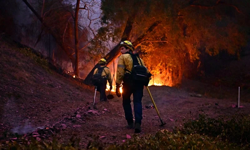 Firefighters work to put out flames in the Mandeville Canyon neighborhood of Los Angeles, California, on January 11, 2025, as the Palisades Fire continues to burn. The Palisades Fire, the largest of the Los Angeles fires, spread toward previously untouched neighborhoods January 11, forcing new evacuations and dimming hopes that the disaster was coming under control. Across the city, at least 16 people have died as multiple fires have ripped through residential areas since January 7, razing thousands of homes in destruction that US President Joe Biden likened to a "war scene." (Photo by AGUSTIN PAULLIER / AFP) (Photo by AGUSTIN PAULLIER/AFP via Getty Images)