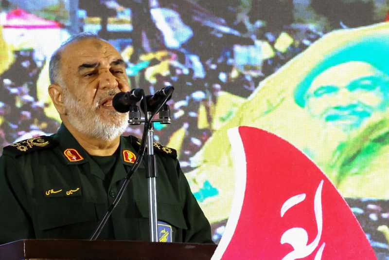 RGC commander-in-chief Major General Hossein Salami speaks during a memorial service for slain Hezbollah leader Hasssan Nasrallah and his successor Hashem Safieddine at Tehran's Grand Mosque in Iran's capital Tehran on February 23, 2025. Iran's supreme leader Ayatollah Ali Khamenei vowed "resistance" against Israel as Tehran-backed Hezbollah held a funeral on February 23 in Beirut for Nasrallah, killed in an Israeli strike last year. (Photo by ATTA KENARE / AFP) (Photo by ATTA KENARE/AFP via Getty Images)