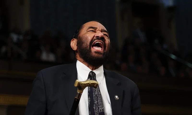 WASHINGTON, DC - MARCH 04: Rep. Al Green (D-TX) shouts out as U.S. President Donald Trump addresses a joint session of Congress at the U.S. Capitol on March 04, 2025 in Washington, DC. President Trump was expected to address Congress on his early achievements of his presidency and his upcoming legislative agenda. (Photo by Win McNamee/Getty Images)