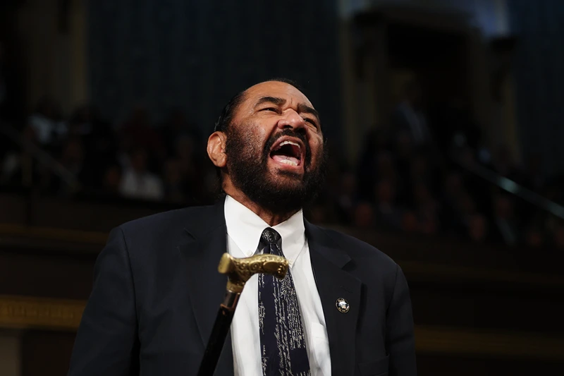 WASHINGTON, DC - MARCH 04: Rep. Al Green (D-TX) shouts out as U.S. President Donald Trump addresses a joint session of Congress at the U.S. Capitol on March 04, 2025 in Washington, DC. President Trump was expected to address Congress on his early achievements of his presidency and his upcoming legislative agenda. (Photo by Win McNamee/Getty Images)