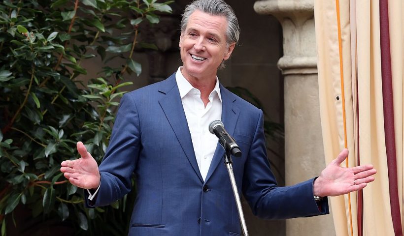 LOS ANGELES, CALIFORNIA - MARCH 26: Gavin Newsom speaks onstage during the Vogue World: Hollywood Press Announcement at Chateau Marmont on March 26, 2025 in Los Angeles, California. (Photo by Amy Sussman/Getty Images)