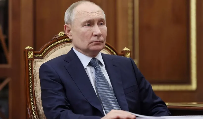 In this pool photograph distributed by the Russian state agency Sputnik, Russia's President Vladimir Putin reacts as he meets with the Governor of the Moscow Region in Moscow on April 8, 2025. (Photo by Vyacheslav PROKOFYEV / POOL / AFP) (Photo by VYACHESLAV PROKOFYEV/POOL/AFP via Getty Images)