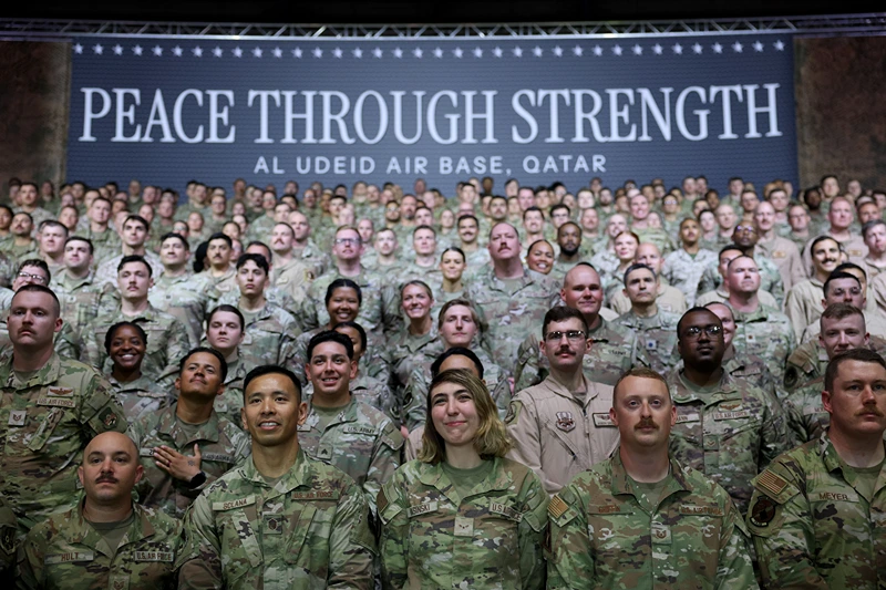 DOHA, QATAR - MAY 15: Military personnel attend as U.S. President Donald J. Trump (not pictured) tours the Al Udeid Air Base on May 15, 2025, in Doha, Qatar. Trump is on the third day of his visit to the Gulf to underscore the strategic partnership between the United States and Qatar, focusing on regional security and economic collaboration. (Photo by Win McNamee/Getty Images)