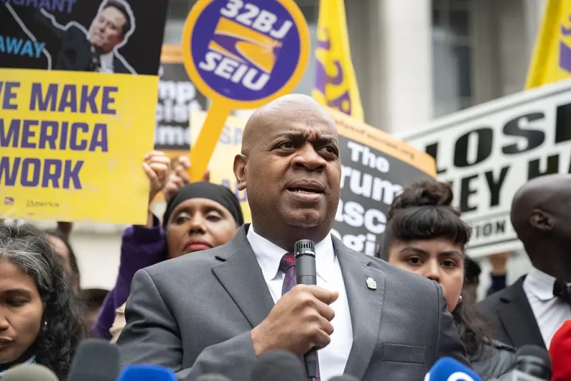 NEWARK, NEW JERSEY - MAY 15: Ras Baraka, Mayor of Newark, speaks to the media and supporters after exiting the courthouse on May 15, 2025 in Newark, New Jersey. Baraka appeared in federal court for a status conference on the Trump administration's charge that he trespassed last week at Delaney Hall, an ICE immigration detention center in Newark. (Photo by Stephanie Keith/Getty Images)